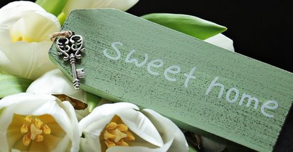 Kuvassa tulppaaneja ja kyltti, jossa lukee sweet home